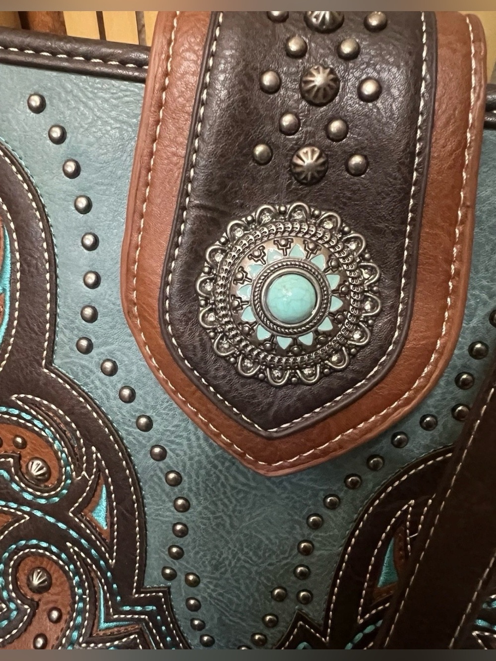 Montana West Turquoise and Brown Studded Western Crossbody Bag - Picture 5 of 8